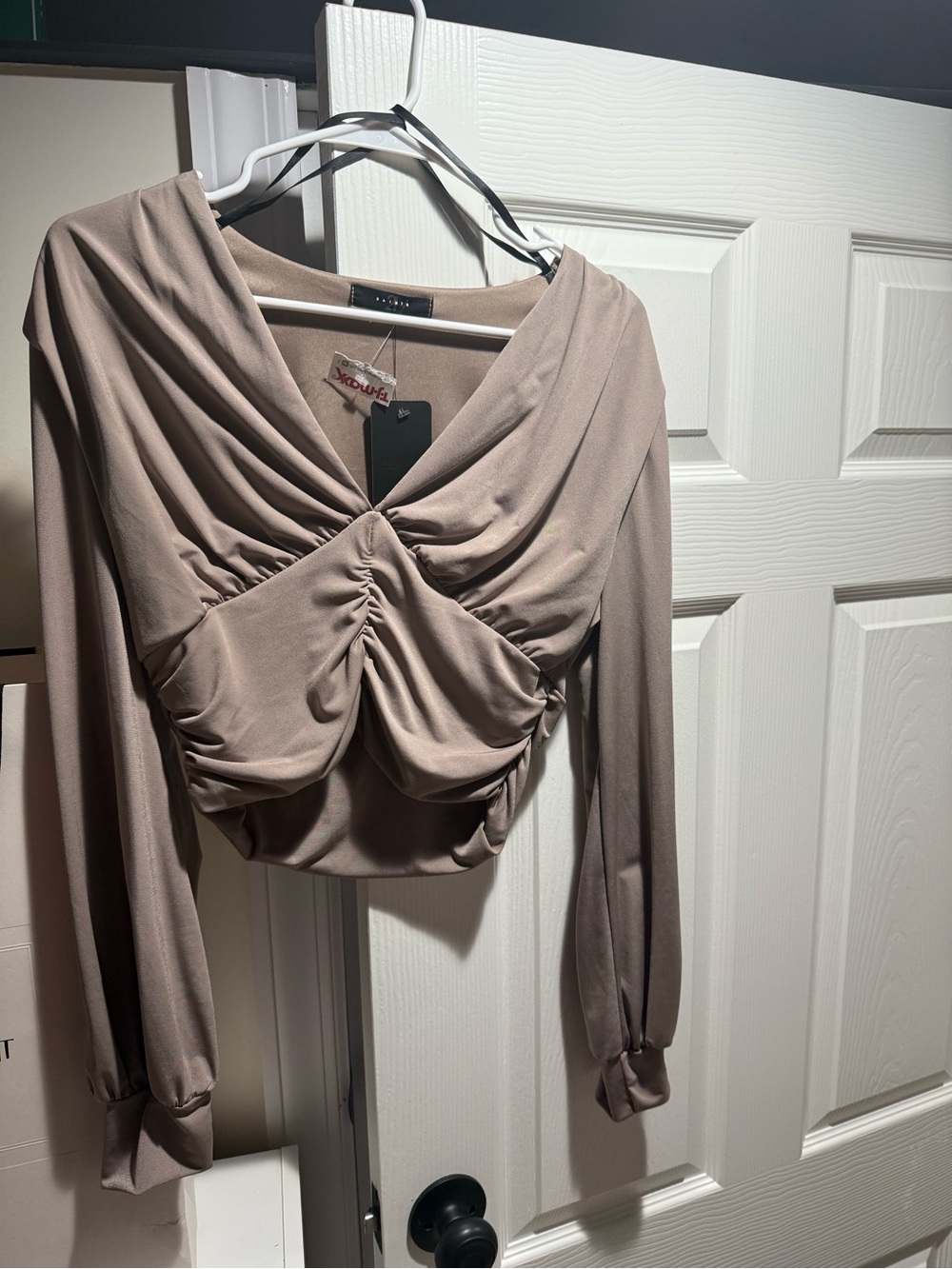 Taupe Ruched Long-Sleeve Crop Top